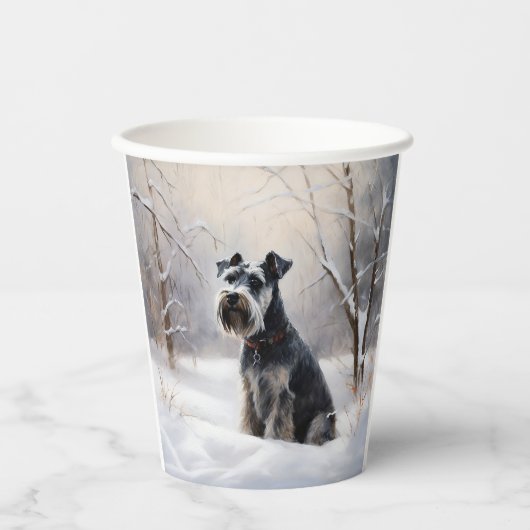 ミニチュアのシュナウザーで雪のクリスマスを過ごす 紙コップ (正面)
