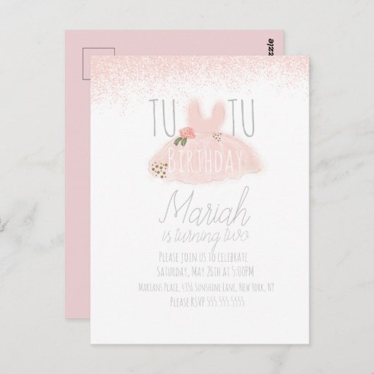 ミニチュアのチュチュの女の子の誕生日おめでとう2歳 グリッター ポストカード (正面/裏面)