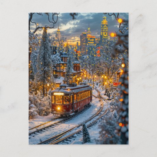 ミニチュアのトラムが雪に覆われた冬の街を走る シーズンポストカード (正面)