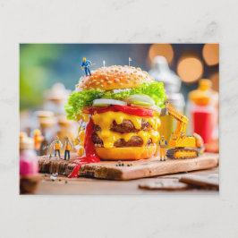 ミニチュアの作業員がショベルカーでチーズバーガーを建設 シーズンポストカード