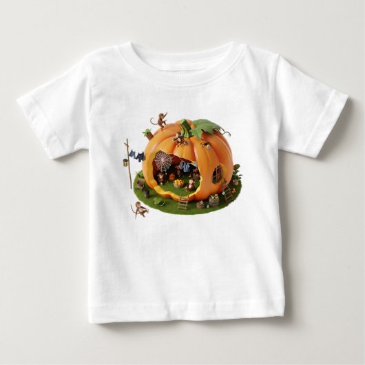 ミニチュアの猿がいる幻想的な3Dカボチャの家 ベビーTシャツ (正面)