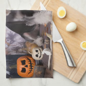 ミニチュアシュナウザーパンプキンズハロウィーン怖 キッチンタオル (四つ折り)