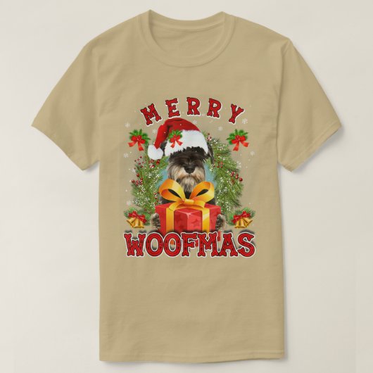 ミニチュアシュナウザーメリークリスマスウーフマスクリスマスライト Tシャツ (デザイン正面)