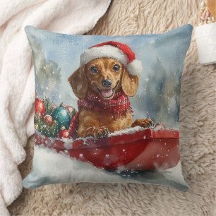 ミニチュアダックスフントのそり犬 雪を降らせて クリスマス クッション