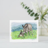 ミニチュアドンキーママとベビーウォーターカラーアート ポストカード (スタンド正面)