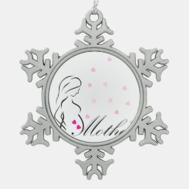 ミニチュアピンクのハートを持つ妊娠した妊婦 スノーフレークピューターオーナメント