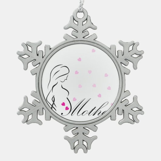 ミニチュアピンクのハートを持つ妊娠した妊婦 スノーフレークピューターオーナメント (正面)