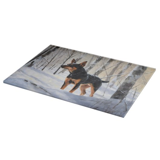 ミニチュアピンシャーで雪のクリスマスを過ごす カッティングボード (角)