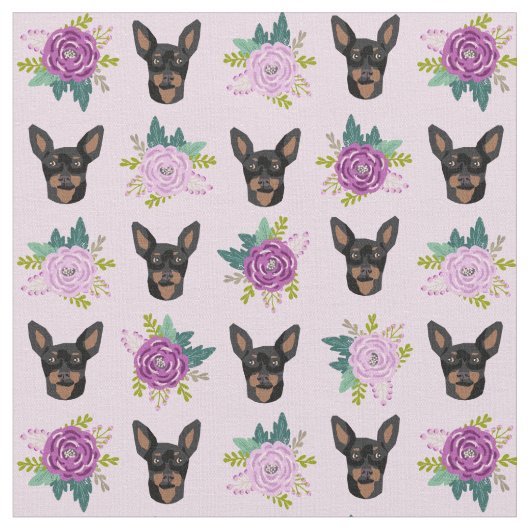 ミニチュアピンシャーラベンダー花模様犬 ファブリック (クローズアップ)