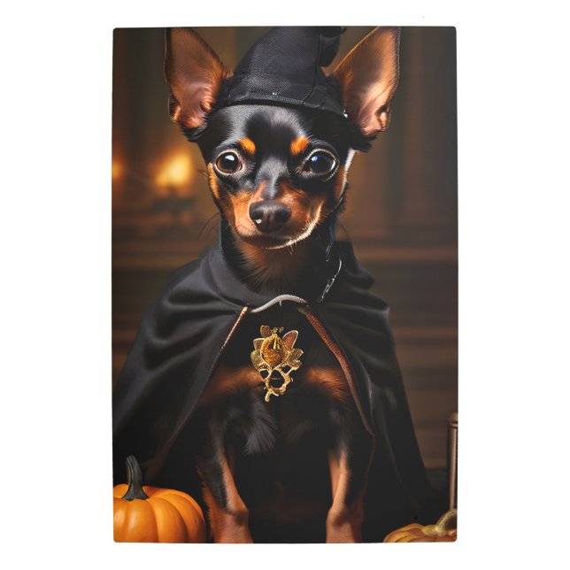 ミニチュアピンシャー犬のハローウィンパーティ メタルプリント (正面)
