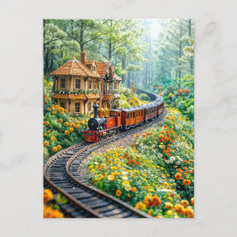 ミニチュア列車が春の丘を巻く シーズンポストカード
