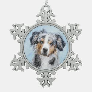 ミニチュア·アメリカン·シェパ絵画ード—犬の芸術 スノーフレークピューターオーナメント