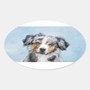 ミニチュア·アメリカン·シェパ絵画ード—犬の芸術 楕円形シール