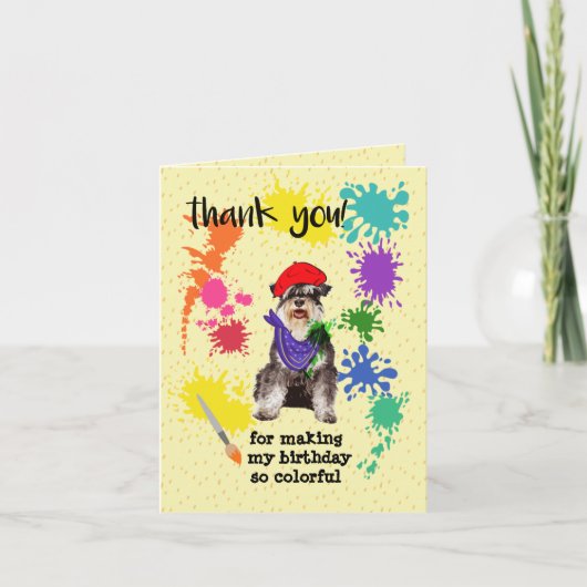 ミニチュア・シュナウザー犬楽しいアート誕生日パーティー サンキューカード (正面)