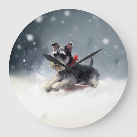 ミニチュア・シュナウザー クリスマス 雪 冬 ラージ壁時計 (正面)
