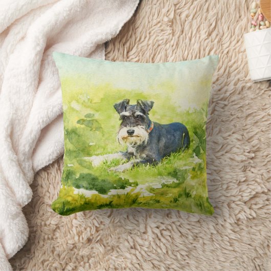 ミニチュア・シュナウツァーの水彩画のデジタル芸術 クッション (ブランケット)