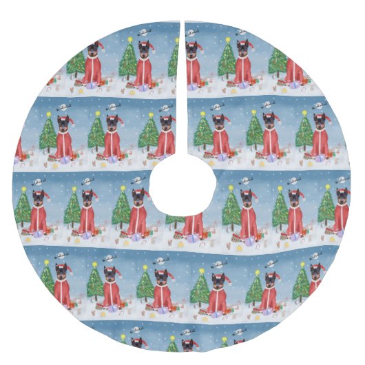 ミニチュア・ピンシュの雪にクリスマスのプレゼントを贈る犬 ブラッシュドポリエステルツリースカート (正面)