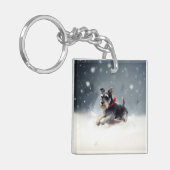 ミニチュアSchnauzerクリスマス雪の冬 キーホルダー (正面左)
