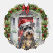 ミニチュアSchnauzer犬のフロントドアクリスマス オーナメントカード (正面)