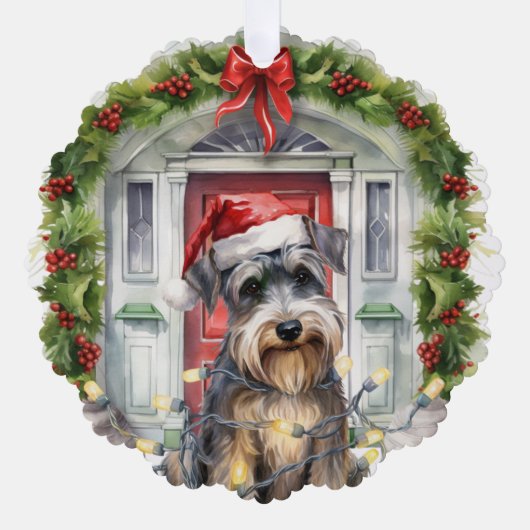 ミニチュアSchnauzer犬のフロントドアクリスマス オーナメントカード (正面)