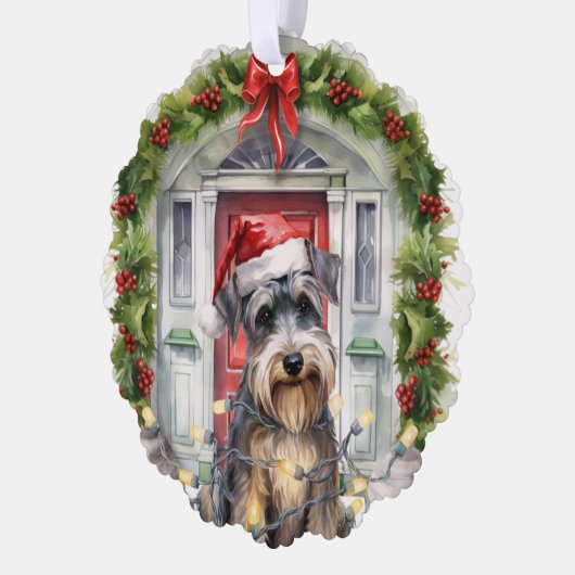 ミニチュアSchnauzer犬のフロントドアクリスマス オーナメントカード (左)