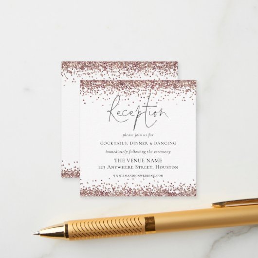 ミニバラ金ゴールドグリッターウェディングレセプション詳細 エンクロージャーカード (正面/裏面インサイチュ)