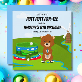 ミニパットゴルフの誕生日 かわいいホリネズミ 子供のパーティー  セーブザデート