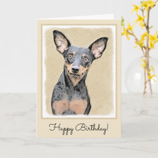 ミニピンシャー絵画のかわいいオリジナルドッグアート カード (黄色い花)