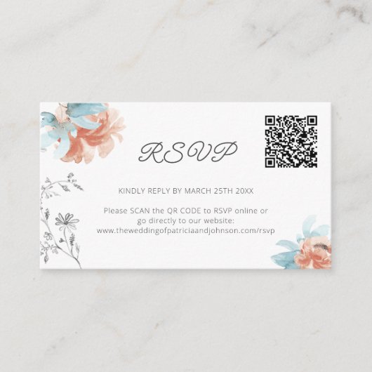 ミニフローラQRコーモダンド結婚のオンラインRSVP エンクロージャーカード (正面)