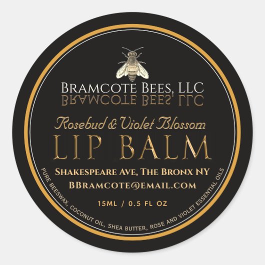 ミニブラック&金ゴールドリップバーム蓋ラベルヴィンテージビー ラウンドシール (正面)