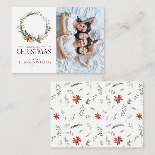 ミニポインセチアリース写真メリークリスマス ノートカード (正面/裏面)