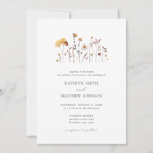 ミニマお洒落リストのワイルドフラワー結婚ボホ 招待状 (正面)