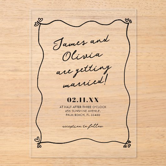 ミニマお洒落リスト手描き結婚の アクリル招待状 (正面)