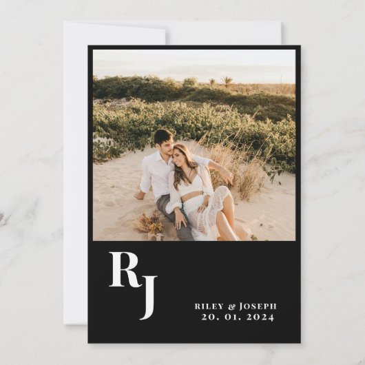 ミニマはっきりしたリストの白黒結婚の写真 招待状 (裏面)