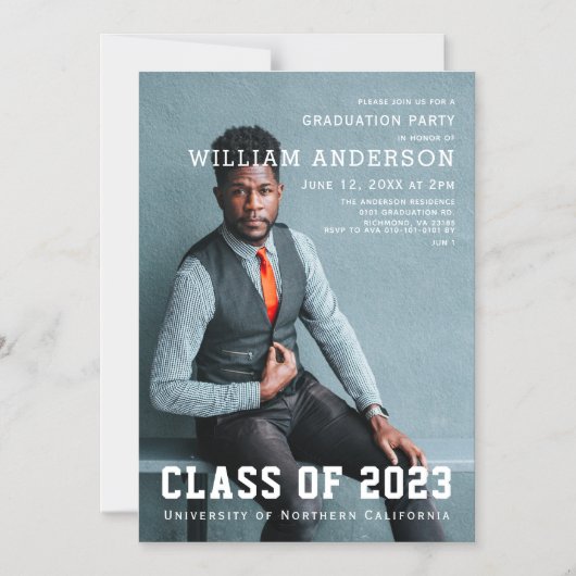 ミニマはっきりしたリスト写真海軍ブルー卒業パーティー マグネット招待状 (正面)