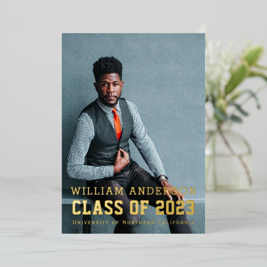 ミニマはっきりしたリスト写真海軍ブルー卒業パーティー 箔招待状 (立ち正面)