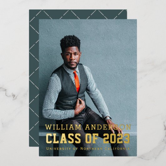 ミニマはっきりしたリスト写真海軍ブルー卒業パーティー 箔招待状 (正面/裏面)