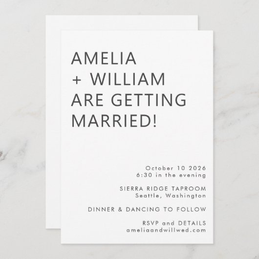 ミニマはっきりしたルモダン白黒クラシック結婚ズ 招待状 (正面/裏面)