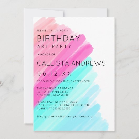 ミニマアートリストピンクアクアウォーターカラーアート誕生日 招待状 (正面)