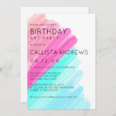 ミニマアートリストピンクアクアウォーターカラーアート誕生日 招待状 (正面/裏面)