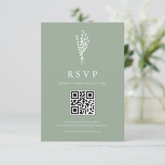 ミニマイリスト植物学セージグリーンQRコード結婚ズ 出欠カード (スタンド正面)