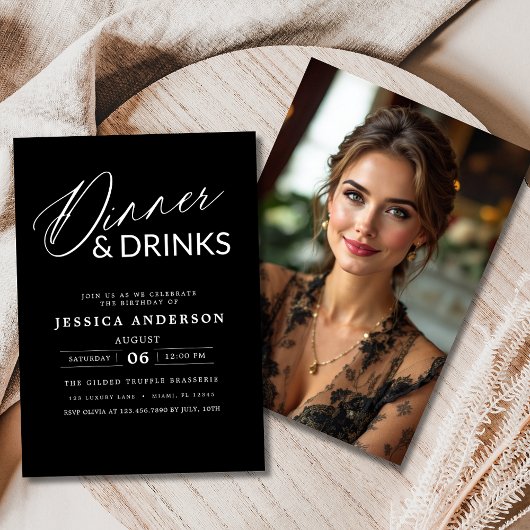ミニマエレガントフォーマルリストの黒いディナーパーティー写真 招待状