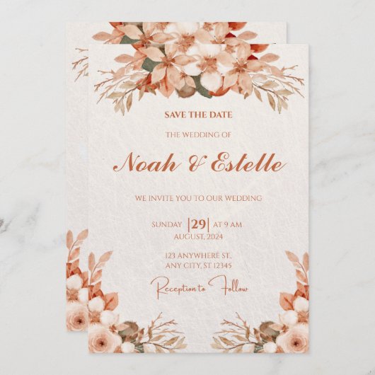 ミニマエレガントモダンリストのフローラ型結婚文字盤 招待状 (正面/裏面)