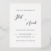 ミニマエレガントモダンリストの結婚式の日付を保存 箔招待状 (裏面)