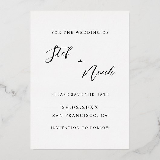 ミニマエレガントモダンリストの結婚式の日付を保存 箔招待状 (裏面)