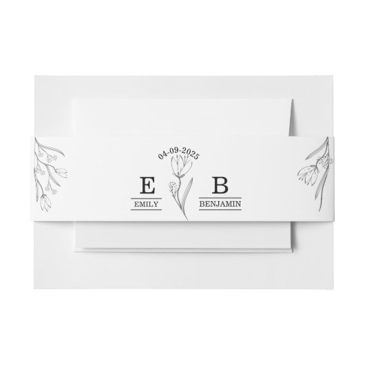 ミニマエレガントモダンリストシンプルフローラ結婚ズ 招待状ベリーバンド (正面例)