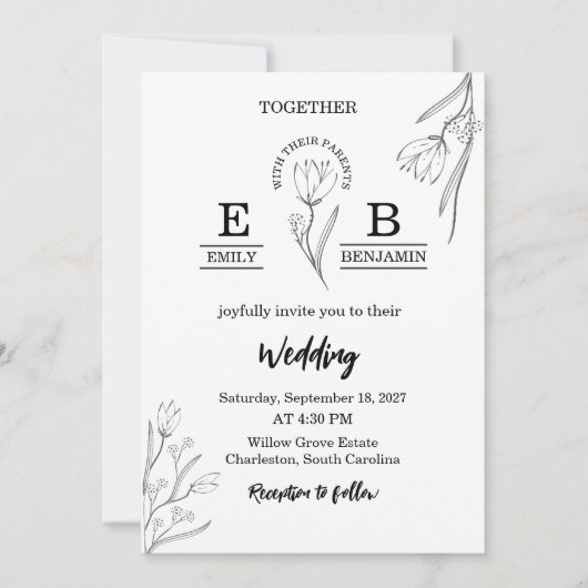 ミニマエレガントモダンリストシンプルフローラ結婚ズ 招待状 (正面)