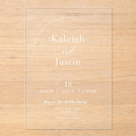 ミニマエレガントモダンリストBoho Arch結婚's White アクリル招待状 (正面)