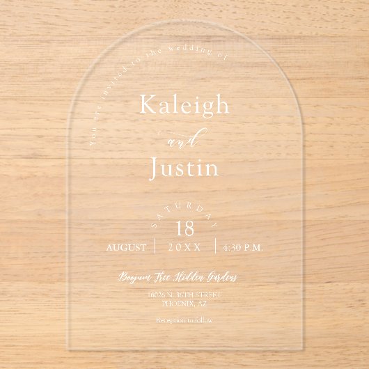 ミニマエレガントモダンリストBoho Arch結婚's White アクリル招待状 (正面)