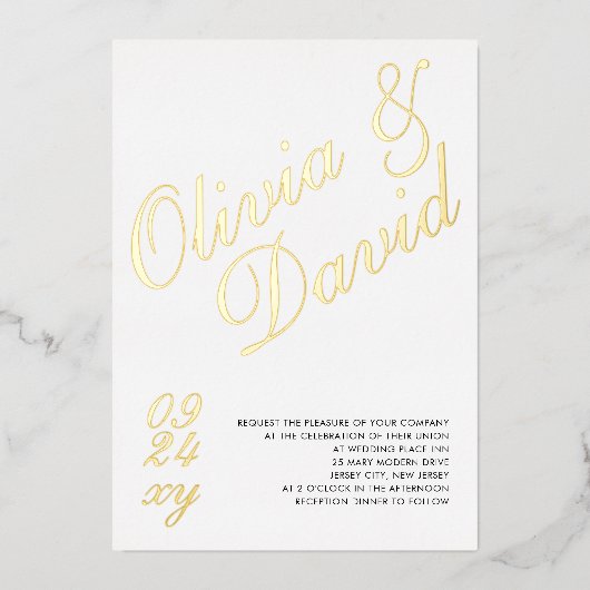 ミニマエレガントモダンリストRSVP QRバック結婚s 箔招待状 (正面)